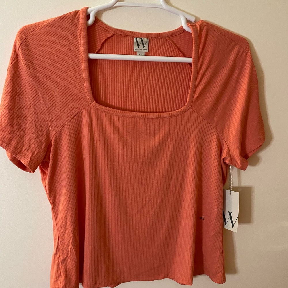 Worthington women’s Orange top short sleeve square neck spandex stretch XXL NWT